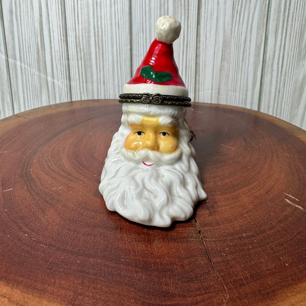 Vintage Santa Claus Head Ceramic Hinged Trinket Box Christmas Decor Red White